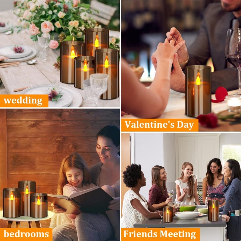 wemarry شموع بدون لهب 4" 5" 6" أعمدة زجاج أكريليك بقطر 3" تعمل بالبطارية مع وظيفة مؤقت 24 ساعة تشمل جهاز تحكم عن بعد 400+ ساعة بواسطة 2 بطارية AA (رمادي، ضوء دافئ 9 عبوات) - Image 4